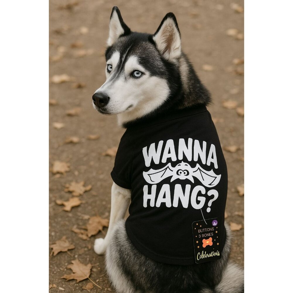 Wanna Hang Dog Shirt Halloween Pet Tee Size L Black Bat Design Buttons and Bones